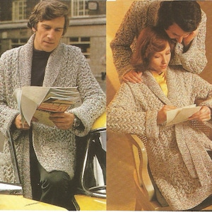 Vintage Mens and Ladies Chunky Shawl Collar Waist Tie Jacket Knitting PDF Pattern