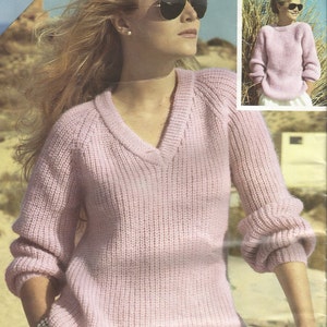 Vintage Ladies V Neck Round Neck (Reversible) Mohair Sweater Knitting PDF Pattern