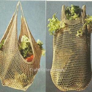May include: Two beige crocheted string bags, one hanging and one laying flat, both filled with leafy green vegetables.