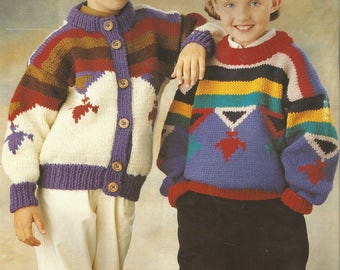 Vintage Childrens Stripe and  Motif Chunky Sweater and Jacket Knitting PDF Pattern