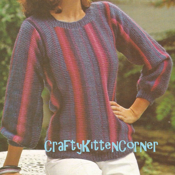 Vintage Ladies Striped T-Top Round Neck Sweater Knitting PDF Pattern