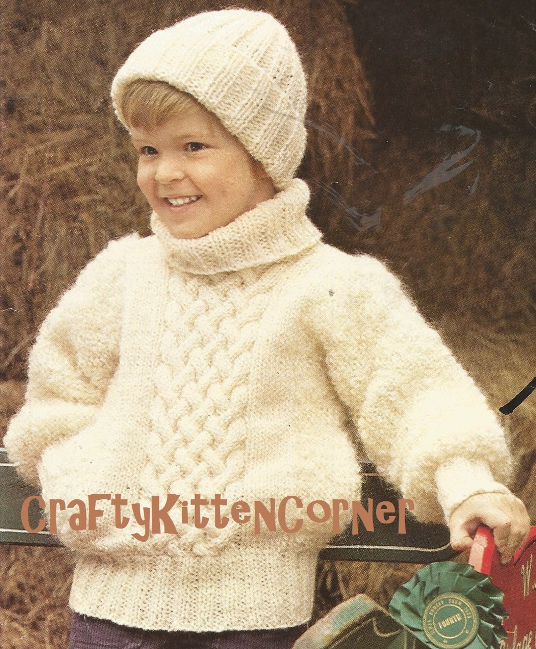 Childrens Cabled Aran Polo Neck Sweater and Matching Hat PDF 