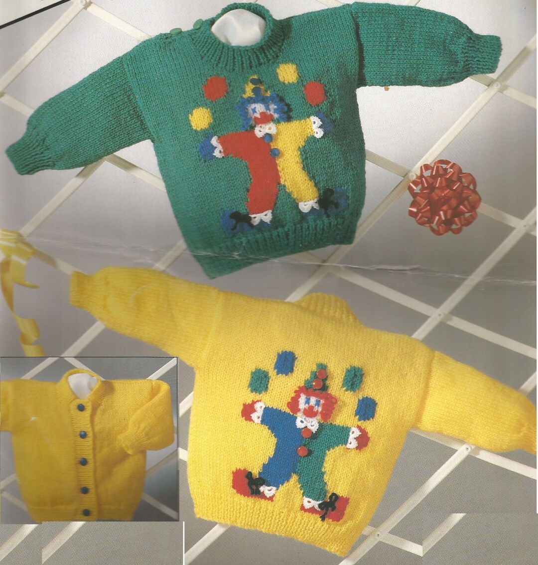 Vintage Childrens Clown Motif Sweater and Cardigan Knitting PDF Pattern Etsy