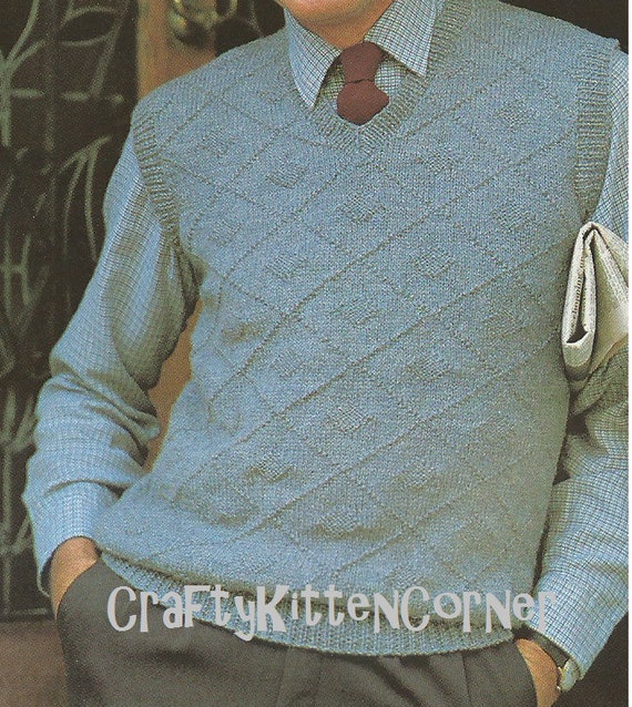 Vintage Mens Diamond Design V Neck Sleeveless Sweater Vest