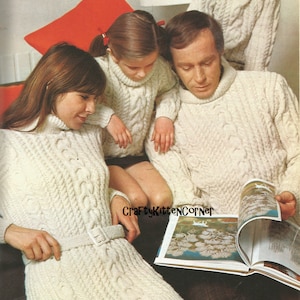 Suéteres vintage família Aran, jumper Aran com cabo e tricô padrão PDF