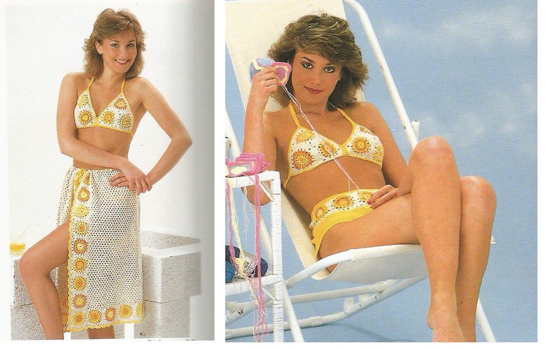 Vintage Crochet Sunflower Bikini and Beach Skirt PDF Pattern image 1