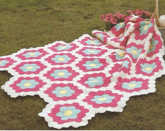 Patrón PDF de ganchillo de tiro afgano con hexágonos de flores vintage