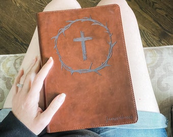 PERSONALIZED ESV Wide Margin Bible - Cross with Crown of Thorns b - Add a Name to Lower Right Corner