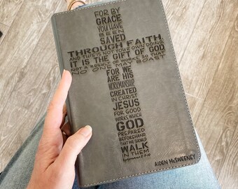PERSONALIZED ESV Gray Student Study Bible - For By Grace You Have Been Saved Through Faith - Add a Name to Lower Right Corner - CUSTOM