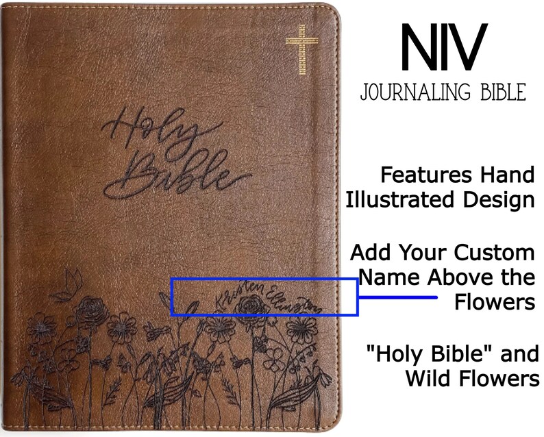 A New International Version Journaling by Zondervan Publishing in Tan. It has a design of Grass and Flowers engraved on it. It is hand lettered with calligraphy and makes a beautiful Christian gift, Gods Word, Scripture, 9780310455271