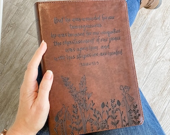 PERSONALIZED ESV Wide Margin Bible - Flowers and "By His Stripes We Are Healed" - Add a Name to Lower Right Corner