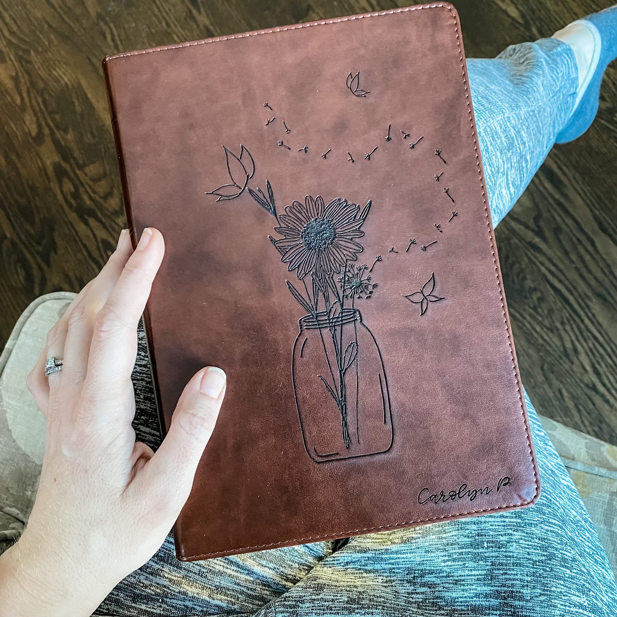 PERSONALIZED ESV Wide Margin Bible - Mason Jar with Flowers and Butterfly - Add a Name to Lower Right Corner