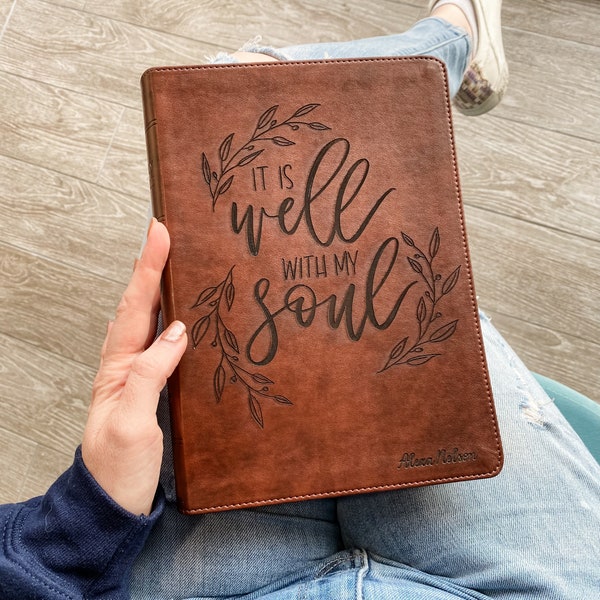 PERSONALIZED ESV Wide Margin Bible - With Wreath Featuring "It is Well With My Soul" - Add a Name to Lower Right Corner