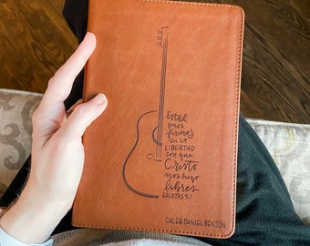 PERSONALIZED ESV/RVR (English/Spanish) Bible - Guitar with Galatas 5:1 - Add a Name to Lower Right Corner