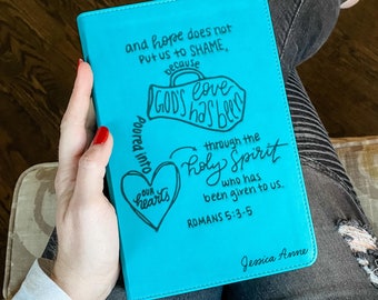 PERSONALIZED ESV Turquoise Student Study Bible - Hand Lettered Romans 5 God's Love Poured Out - Add a Name to Lower Right Corner - CUSTOM