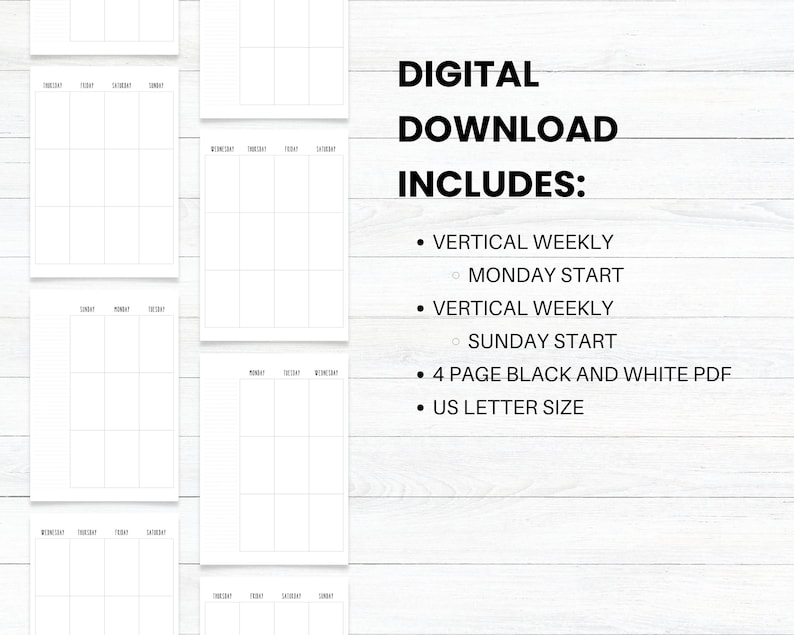PRINTABLE Planner Vertical Weekly Layout, Monday Start, Sunday Start