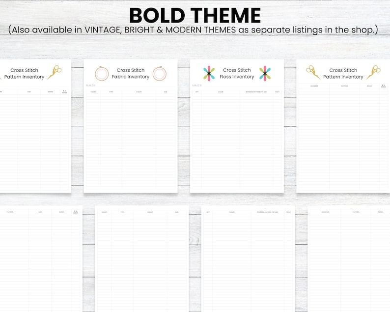 PRINTABLE Cross Stitch Inventory Bundle Bold, Cross Stitch Planner, Pattern Keeper, Floss List