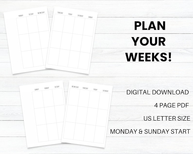 PRINTABLE Planner Vertical Weekly Layout, Monday Start, Sunday Start