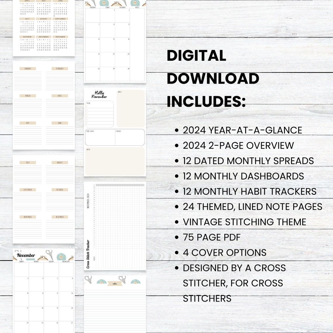 PRINTABLE 2024 Vintage Stitching Cross Stitch Planner, SUNDAY Start