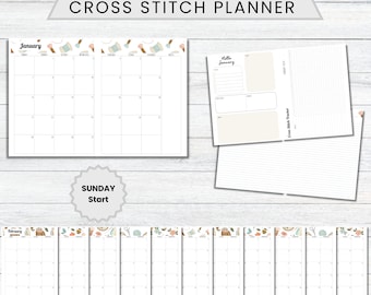 PRINTABLE 2024 Vintage Stitching Cross Stitch Planner, SUNDAY Start, Stitching Tracker, Journal for Cross Stitchers, Xstitch Planner