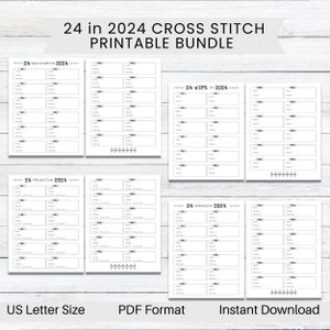 Puede incluir: Hojas de seguimiento de punto de cruz imprimibles para 2024. Las hojas están divididas en cuatro secciones: Nuevos comienzos, Proyectos, WIPS y Finalizados. Cada sección tiene 24 espacios para listar proyectos, con columnas para el número de proyecto, el diseño, la fecha de inicio y la fecha de finalización.