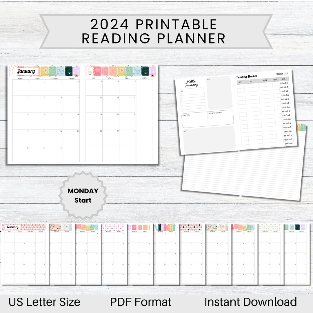 PRINTABLE 2024 Reading Planner, MONDAY Start, Book Tracker, Journal for