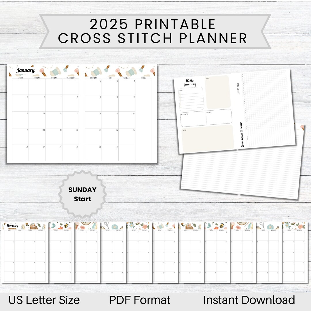 PRINTABLE 2025 Vintage Stitching Cross Stitch Planner, SUNDAY Start ...