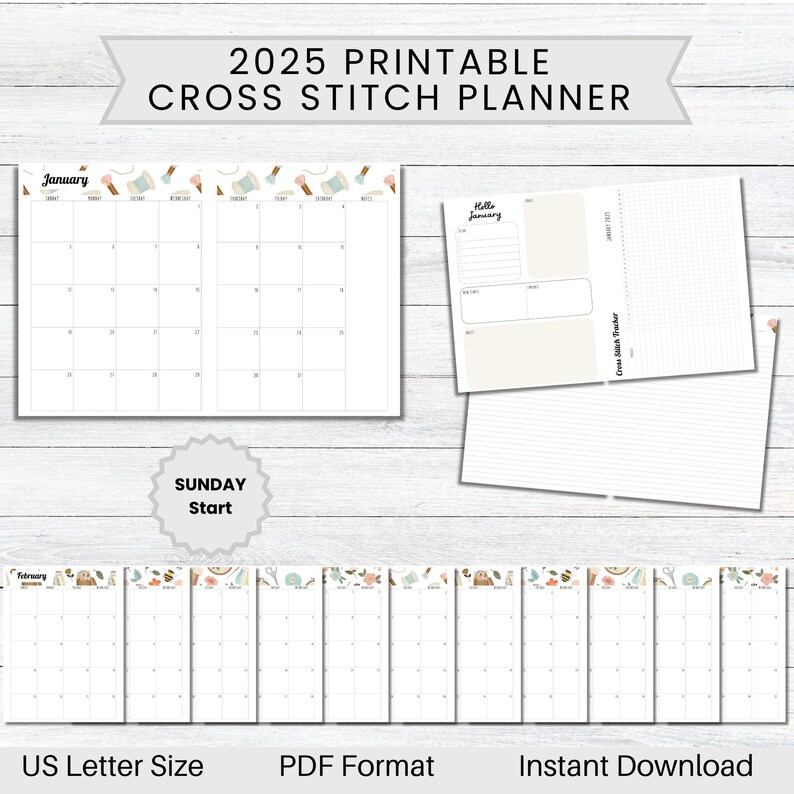 PRINTABLE 2025 Vintage Stitching Cross Stitch Planner, SUNDAY Start ...