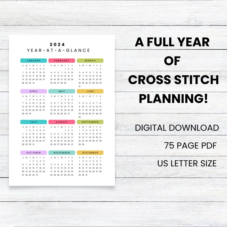 PRINTABLE 2024 Cross Stitch Planner, SUNDAY Start, Stitching Tracker