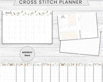 PRINTABLE 2024 Vintage Stitching Cross Stitch Planner, MONDAY Start, Stitching Tracker, Journal for Cross Stitchers, Xstitch Planner