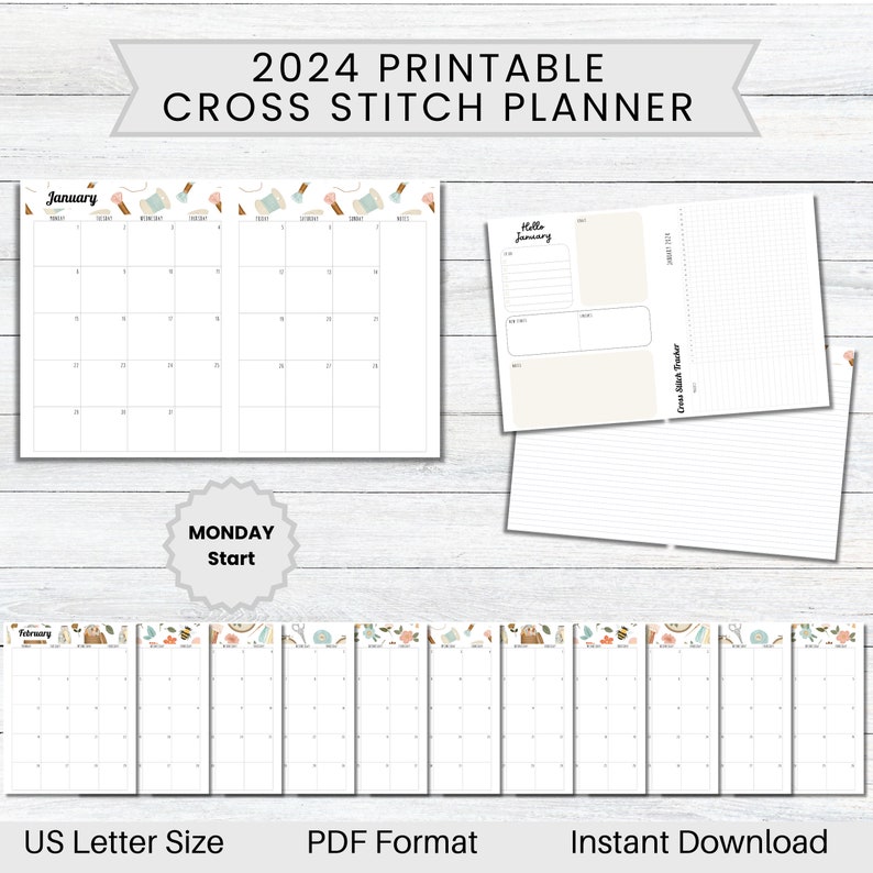 PRINTABLE 2024 Vintage Stitching Cross Stitch Planner, MONDAY Start
