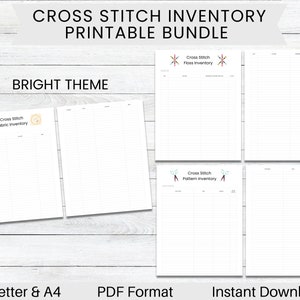 May include: Printable cross stitch inventory bundle in a bright theme. Includes forms for tracking floss, fabric, and patterns.  US Letter and A4 sizes. PDF format. Instant download.
