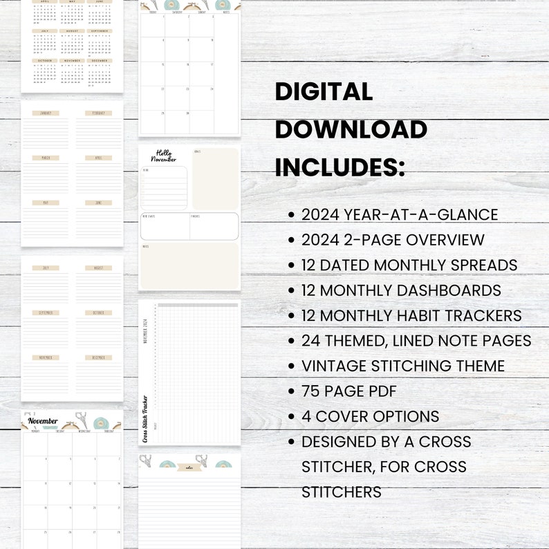 PRINTABLE 2024 Vintage Stitching Cross Stitch Planner, MONDAY Start ...
