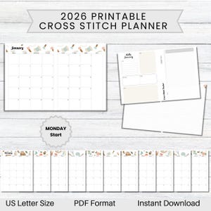 Puede incluir: Un planificador de punto de cruz imprimible de 2026 con fondo blanco. Incluye calendarios mensuales, una sección "Hello January" y un rastreador de punto de cruz. El diseño presenta ilustraciones temáticas de punto de cruz. Formato US Letter, PDF.