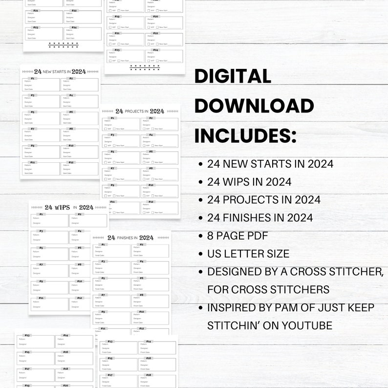 PRINTABLE 24 in 2024 Cross Stitch Tracker, WIP Organizer, Project