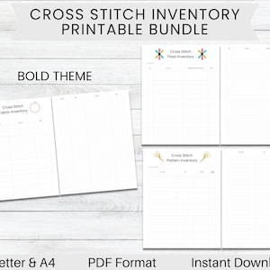 May include: Printable cross stitch inventory bundle in a bold theme. The bundle includes three inventory sheets: fabric, floss, and patterns. Each sheet has a title and a grid for listing items. The sheets are in a US Letter and A4 size PDF format.