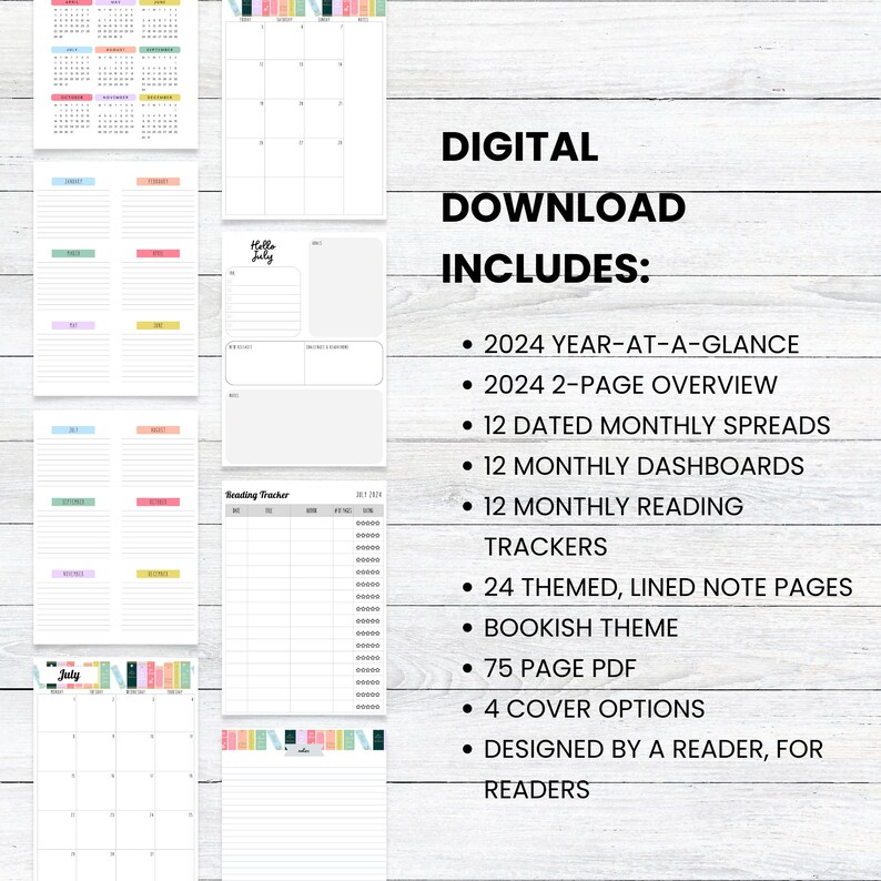 PRINTABLE 2024 Reading Planner, MONDAY Start, Book Tracker, Journal for
