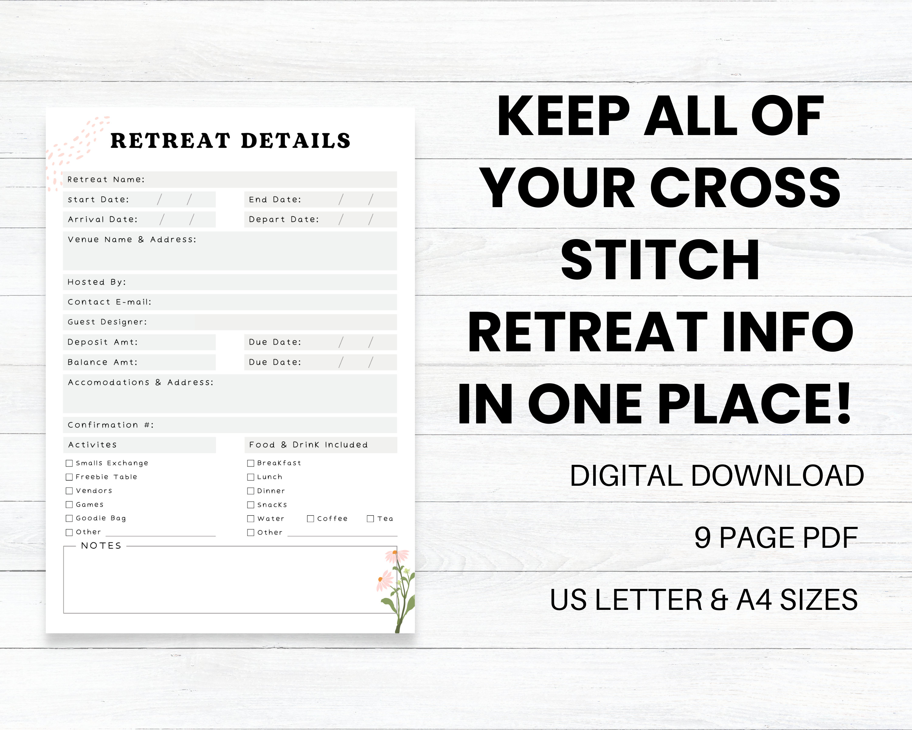 PRINTABLE Cross Stitch Retreat Planner, Travel Planner, Stitching