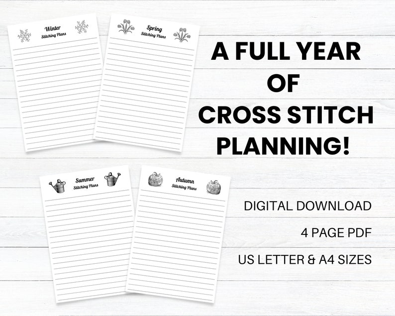 PRINTABLE Vintage Seasonal Stitching Plans, Cross Stitch Planner, Winter Spring Summer Autumn, Journal for Cross Stitchers image 2