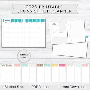 Puede incluir: Un planificador de punto de cruz imprimible de 2026 con fondo blanco. El planificador incluye calendarios mensuales, páginas de notas y un rastreador de punto de cruz. El calendario de enero tiene un borde turquesa. Formato US Letter, PDF.