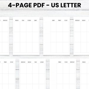 May include: Four blank weekly planner pages in a US Letter size PDF format. Each page has a grid layout with days of the week labeled: Sunday, Monday, Tuesday, Wednesday, Thursday, Friday, Saturday.