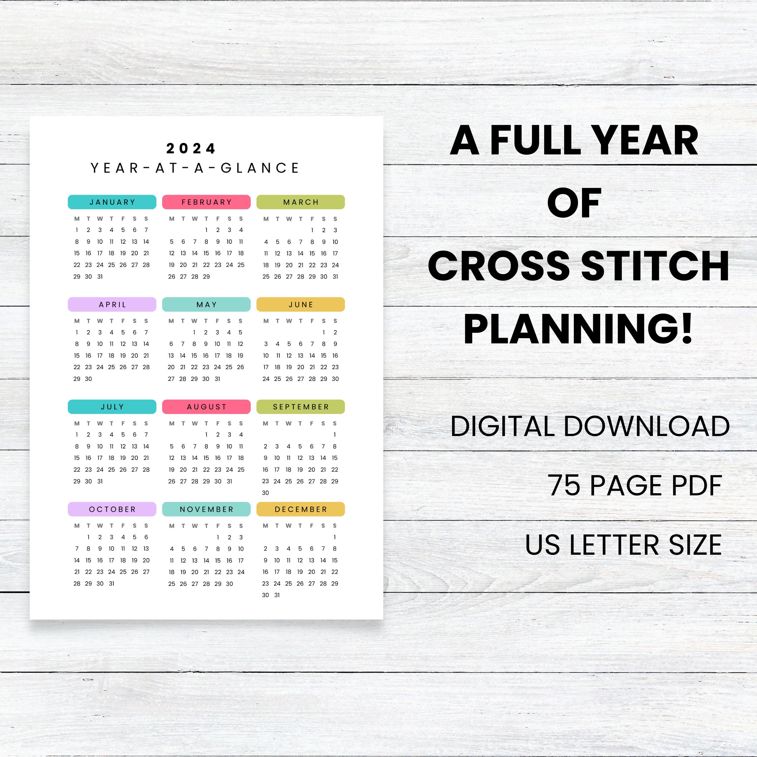 PRINTABLE 2024 Cross Stitch Planner, MONDAY Start, Stitching Tracker, Journal for Cross