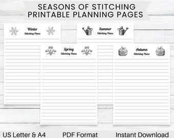 PRINTABLE Vintage Seasonal Stitching Plans, Cross Stitch Planner, Winter Spring Summer Autumn, Journal for Cross Stitchers