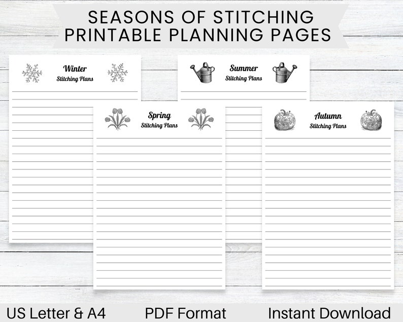 PRINTABLE Vintage Seasonal Stitching Plans, Cross Stitch Planner, Winter Spring Summer Autumn, Journal for Cross Stitchers image 1
