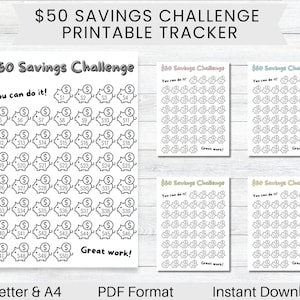 May include: Printable $50 savings challenge tracker with a piggy bank design. The tracker has 50 spaces to mark off as you save money. The text "You can do it!" and "Great work!" are included on the tracker.