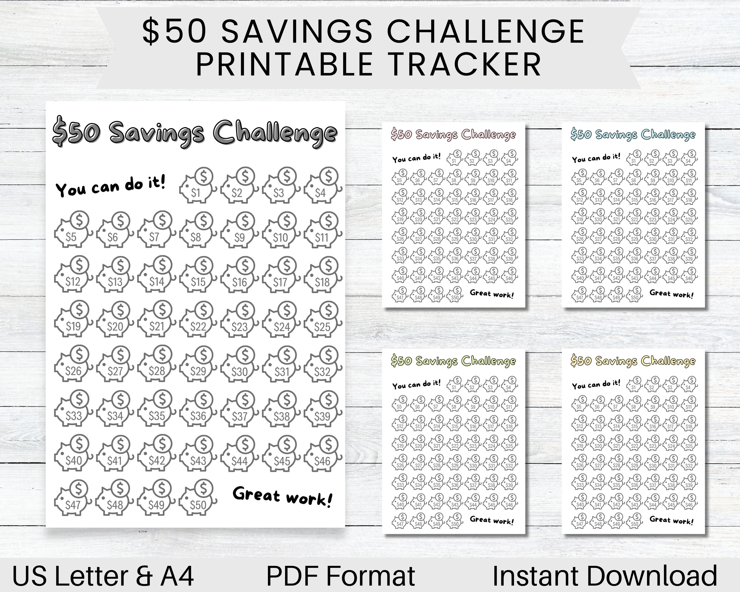 PRINTABLE 50 Dollar Savings Challenge Habit Tracker, Money Challenge ...