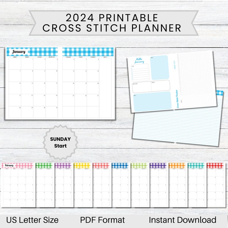 PRINTABLE 2024 Cross Stitch Planner Buffalo Plaid, SUNDAY Start