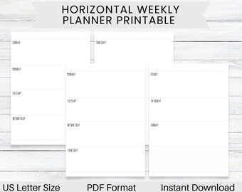 PRINTABLE Planner Horizontal Weekly Layout, Monday Start, Sunday Start, Full Sheet US Letter Size Planner, Discbound