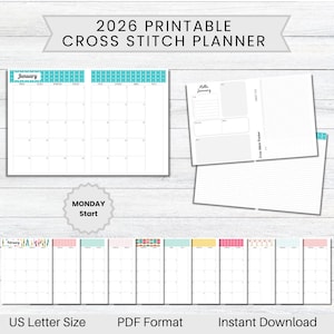 Puede incluir: Un planificador de punto de cruz imprimible de 2026 en tamaño US Letter. El planificador incluye calendarios mensuales, un rastreador de punto de cruz y páginas de notas. El diseño presenta un fondo blanco con detalles turquesa y coloridos. Disponible en PDF.