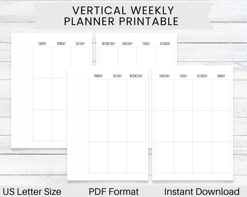 PRINTABLE Planner Vertical Weekly Layout, Monday Start, Sunday Start ...